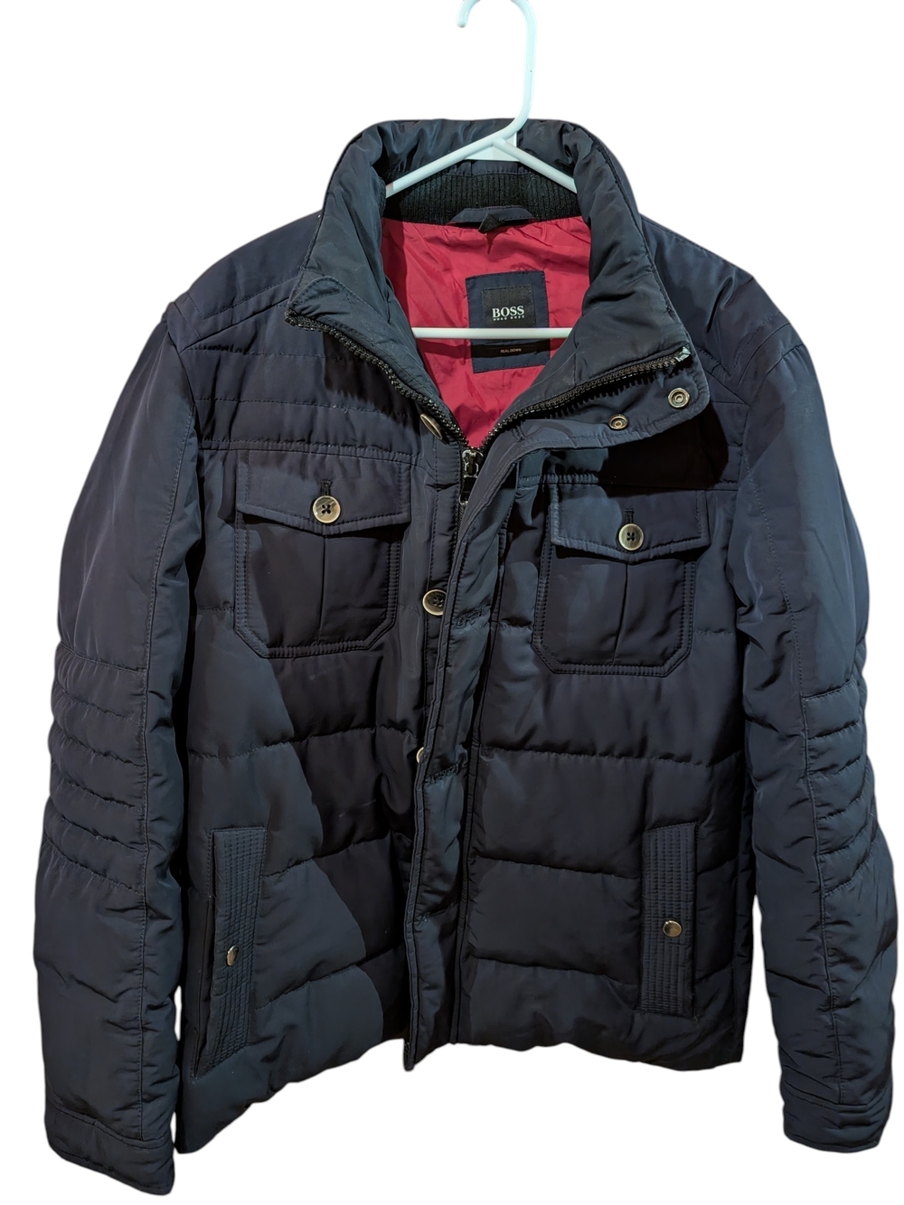 Boss Men's Dark Navy Quilted Puffer Jacket with Red Lining